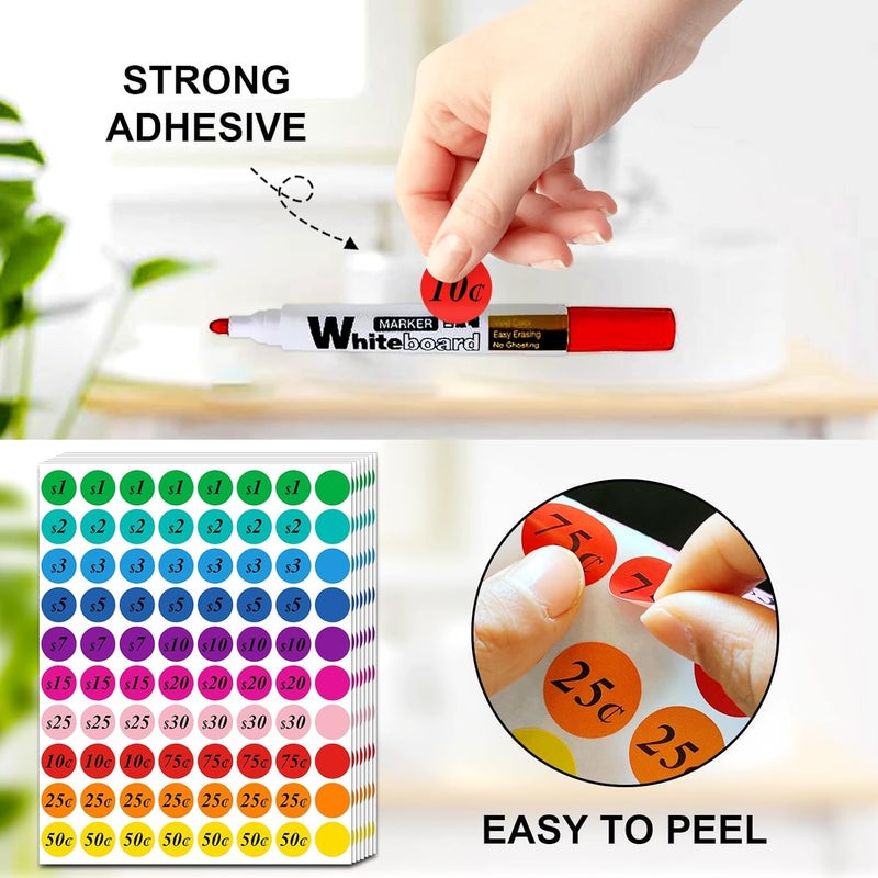 Misofuki Garage Sale Price Stickers Pre-priced 1600 Pcs 3/4 Inch for Flea Markets, County Fairs & Retail, 10 Colors Round Pre-Printed Yard Sale Price Stickers, Strong Adhesive Circle Pricemarker Label - Image 3